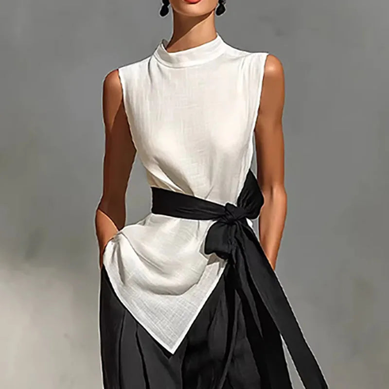 Women's Sleeveless High Neck Tunic & Wide Leg Trousers Co-Ord Set | Elegant Contemporary Two Piece Outfit