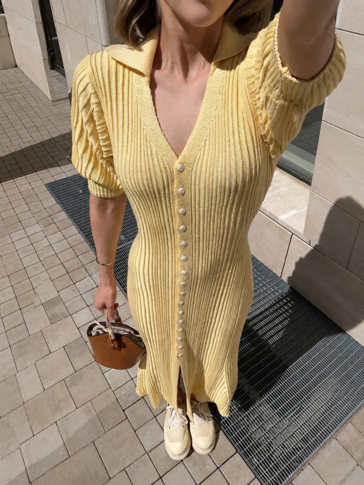 Women’s Butter Yellow Ribbed Knit Maxi Dress | Button Front Collared Summer Dress with Side Slit for Casual & Vacation Wear