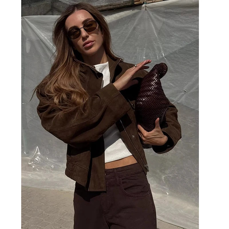 Brown Faux Leather Bomber Jacket | Vintage Cropped Jacket