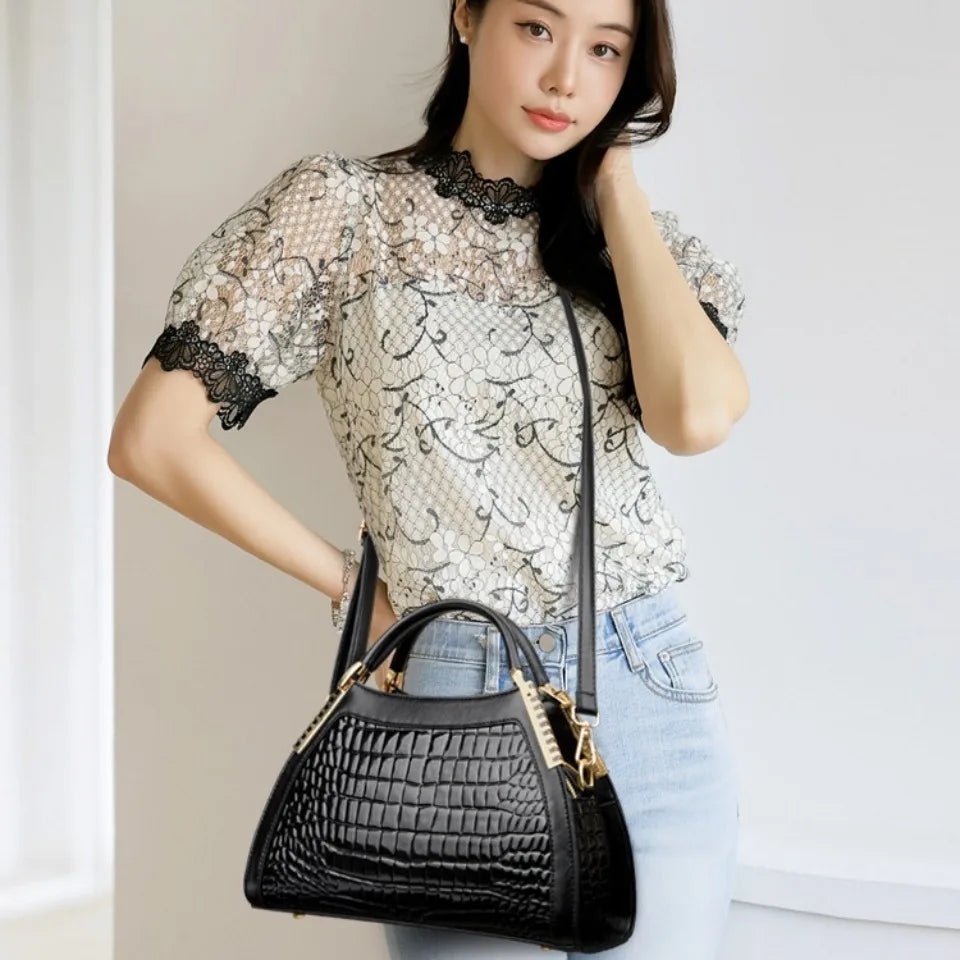 Black Crocodile Embossed Top Handle Handbag for Women | Luxury Patent Leather Satchel | Elegant Shoulder & Crossbody Purse