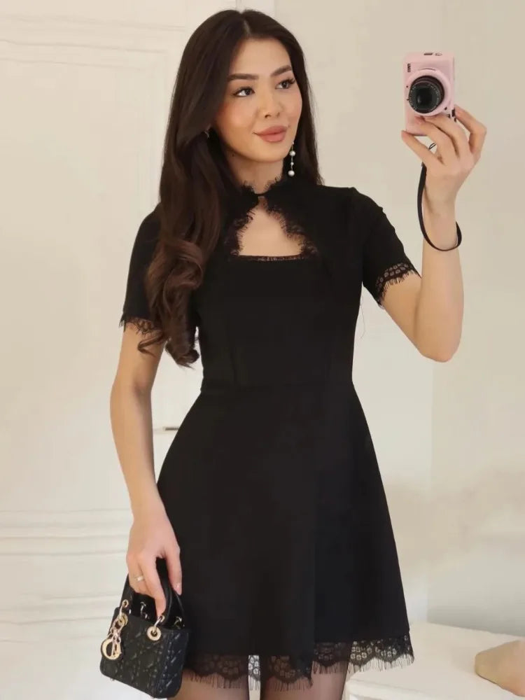 Women’s Black Lace Trim Mini Dress | Elegant Square Neck A-Line Dress with Short Sleeves for Date Night, Parties & Special Occasions