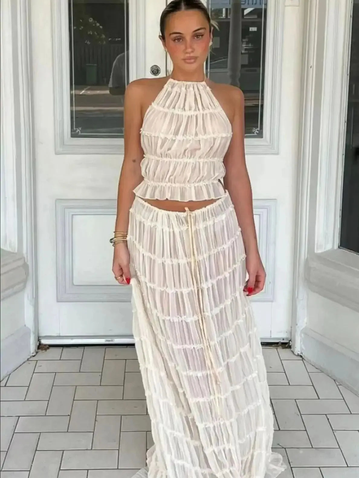 Women's Textured Halter Crop Top & Maxi Skirt Co-Ord Set | Elegant Resort Two Piece Outfit