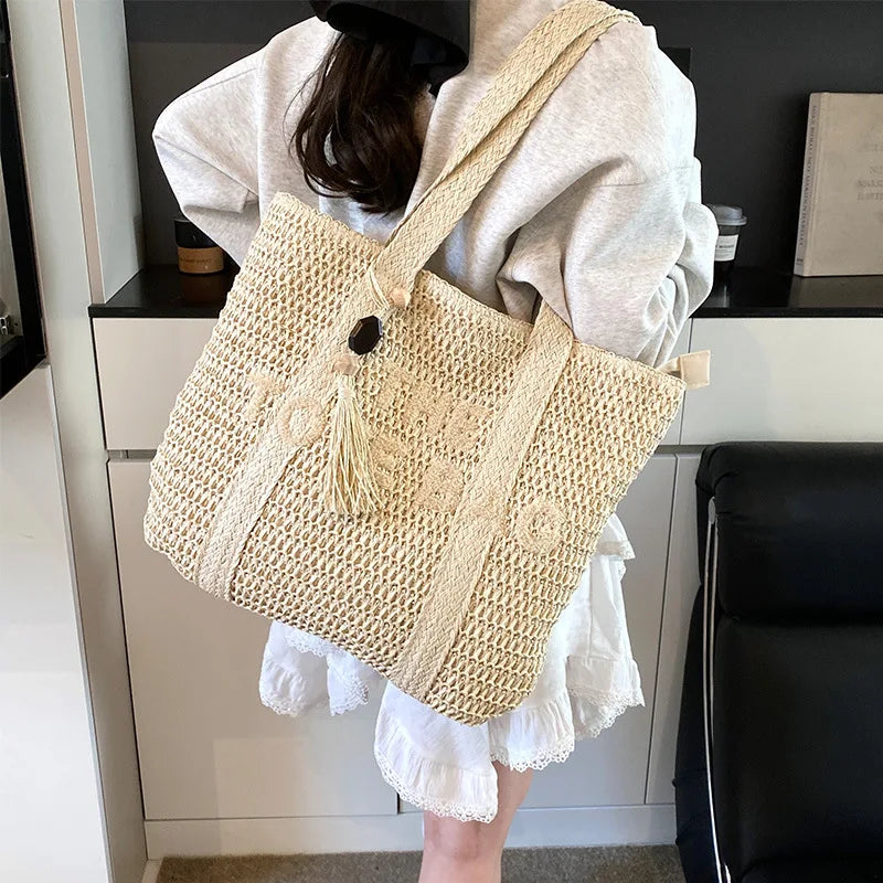 Woven Straw Tote Bag for Women | Boho Beach Shoulder Handbag | Large Capacity Summer Shopper Purse | Casual Travel Tote