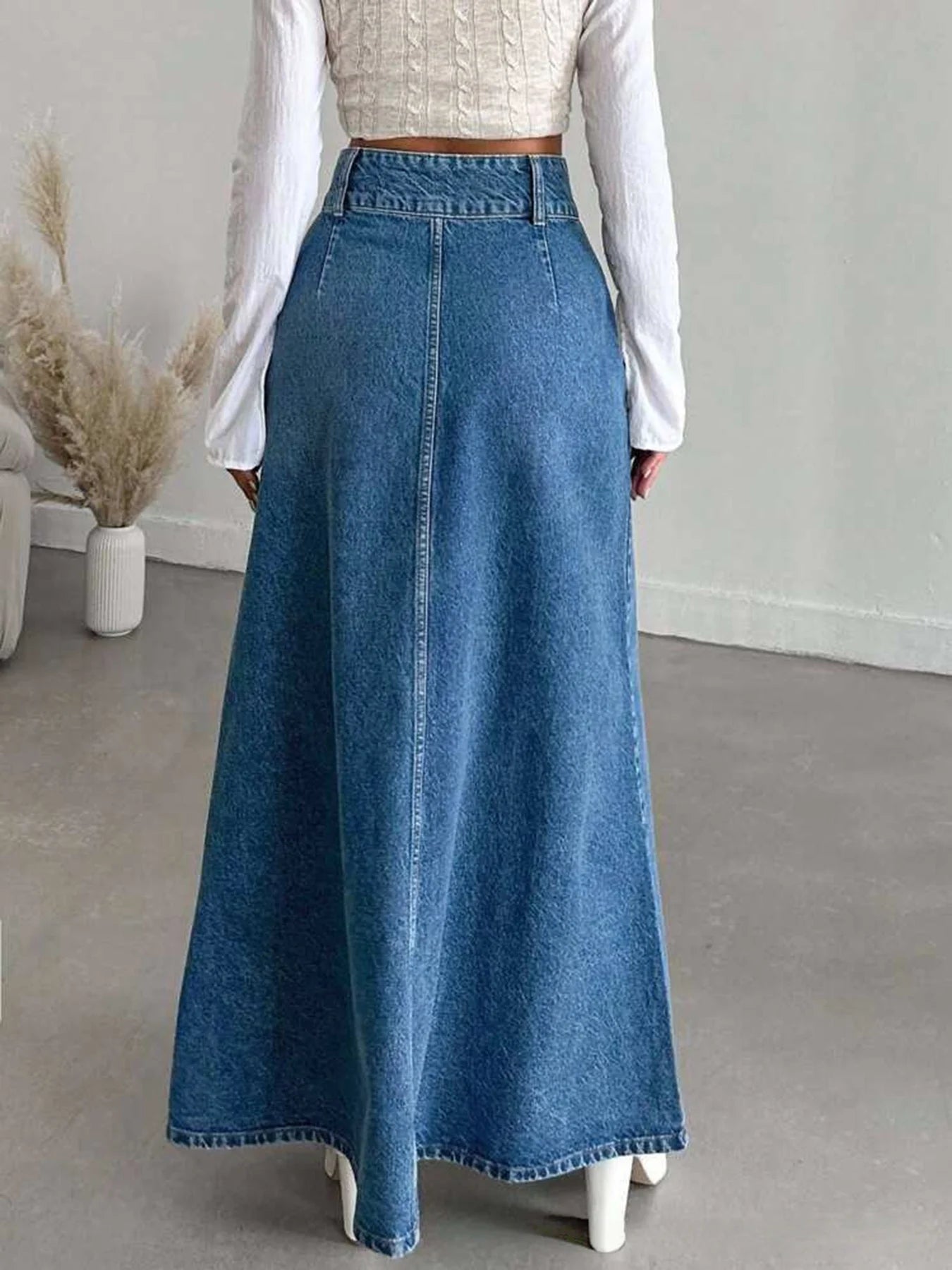 Women High Waist Denim Maxi Skirt Vintage A Line Long Jeans Skirt
