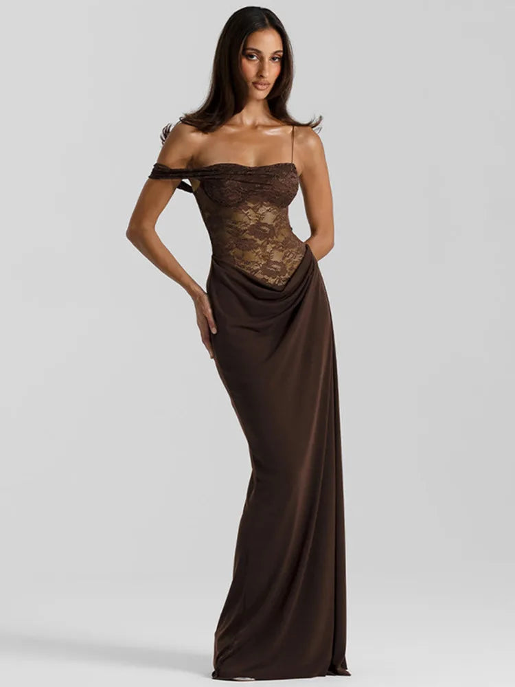 Women’s Brown Lace Mermaid Gown | Elegant Off Shoulder Evening Dress for Formal Events & Galas