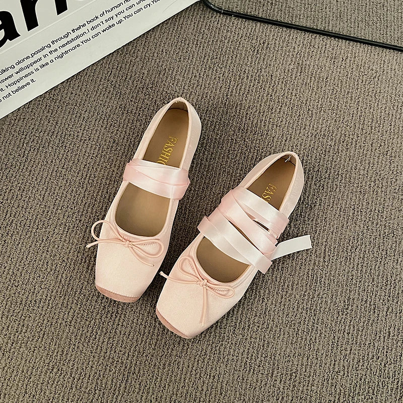 Women’s Ballet Wrap Flats – Square Toe Lace-Up Shoes for Casual, Dance-Inspired & Everyday Wear