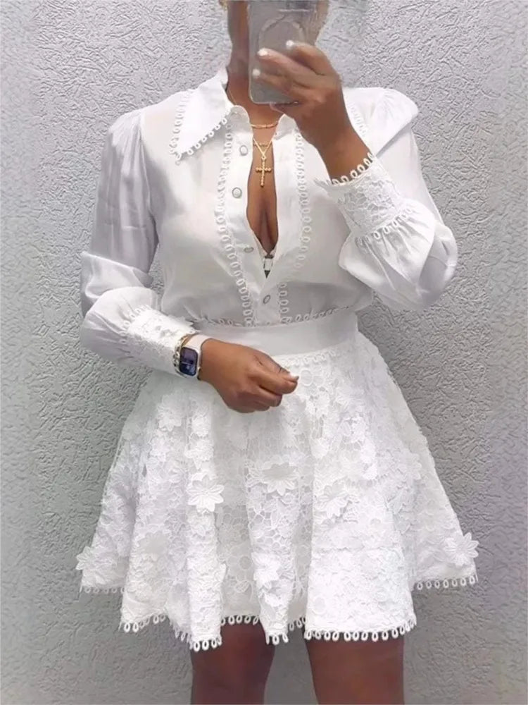 Women's Lace Detail Blouse & Floral Skater Mini Skirt Co-Ord Set | Elegant Two Piece Occasion Outfit