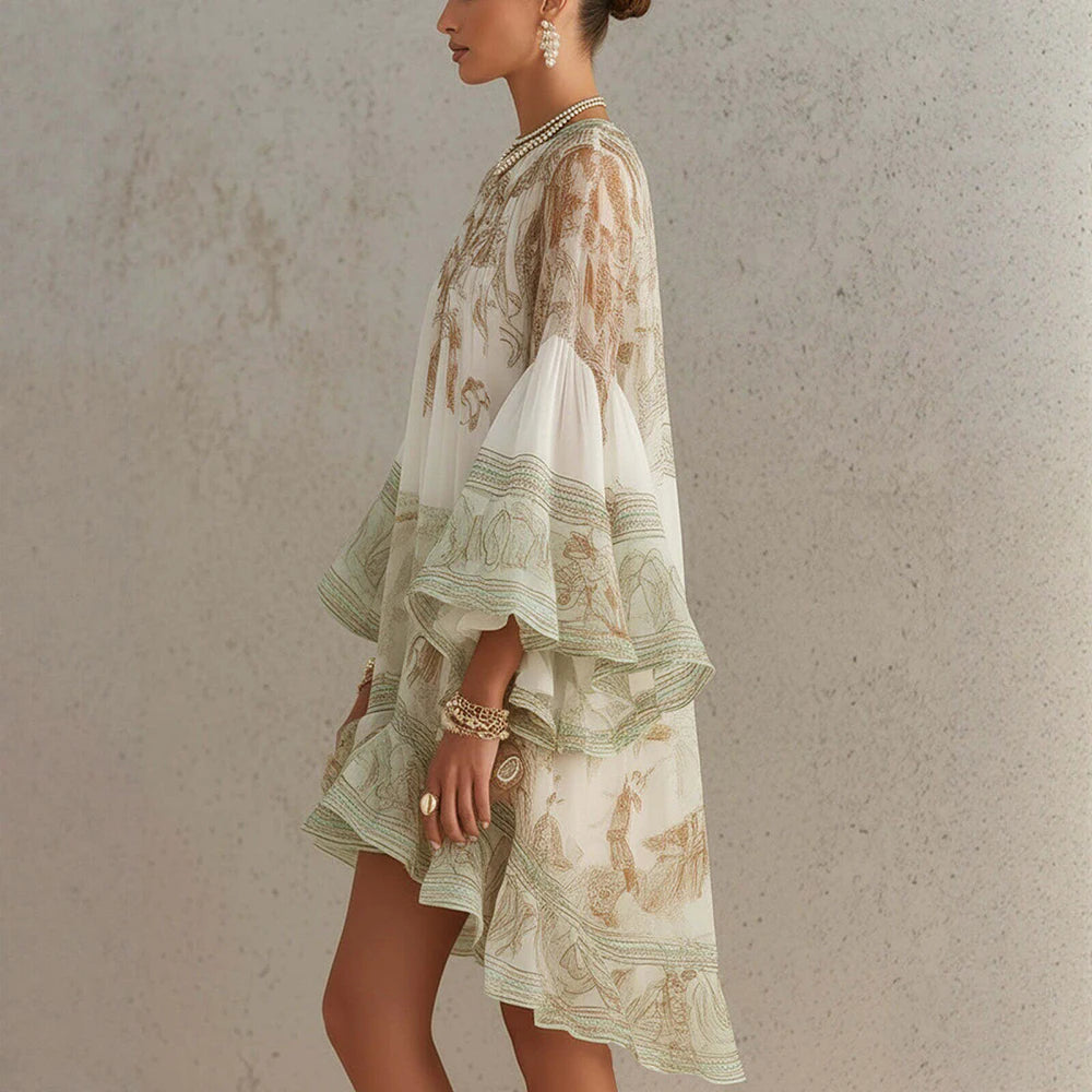 Women’s Boho Floral High-Low Mini Dress | Oversized Chiffon Ruffle Dress with Balloon Sleeves for Beach Vacations & Resort Wear