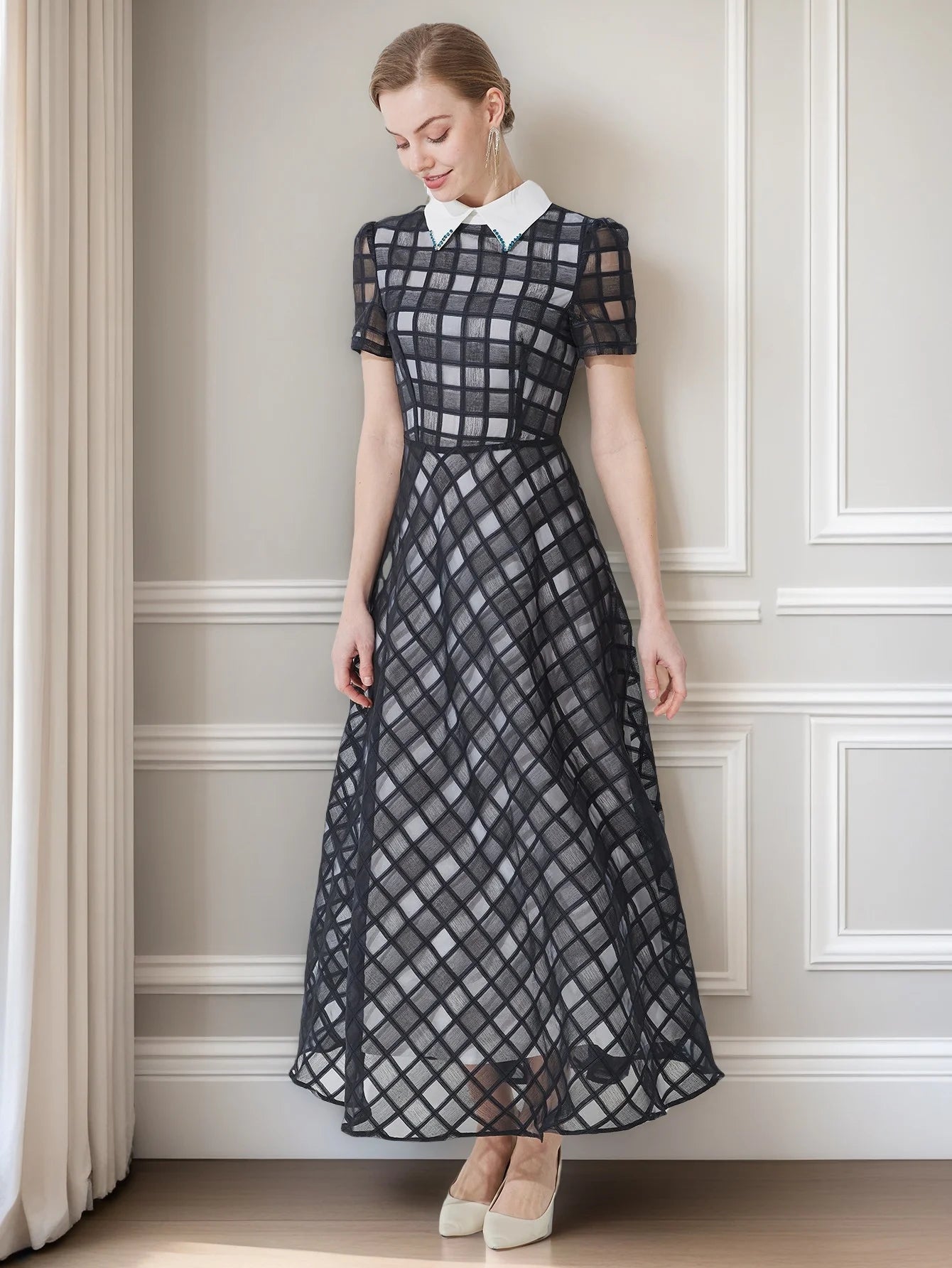 Mesh A Line Midi Dress Women | Short Sleeve Collared Elegant Party Dress