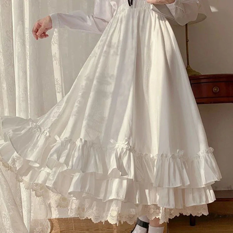 Women Gothic Ruffle Maxi Skirt High Waist Layered Cottagecore Long Skirt