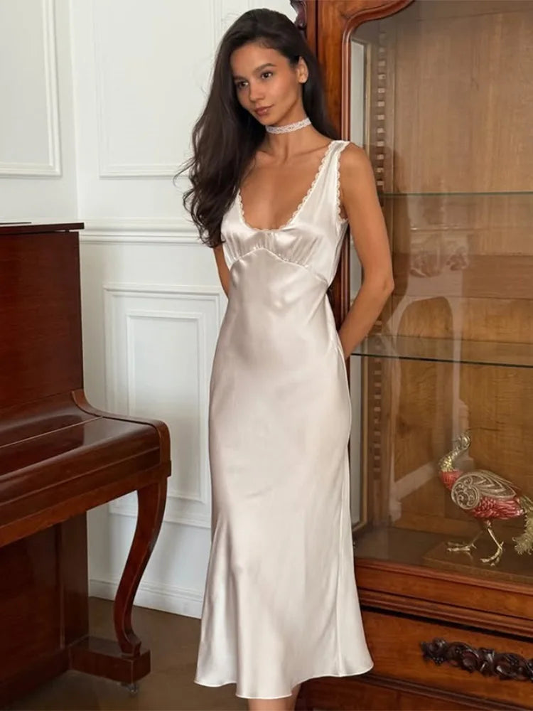 White Satin Slip Dress Women | Elegant Silk Look Midi Dress