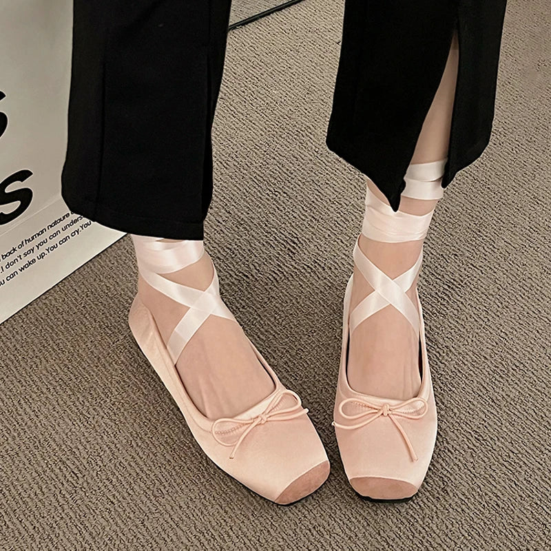 Women’s Ballet Wrap Flats – Square Toe Lace-Up Shoes for Casual, Dance-Inspired & Everyday Wear