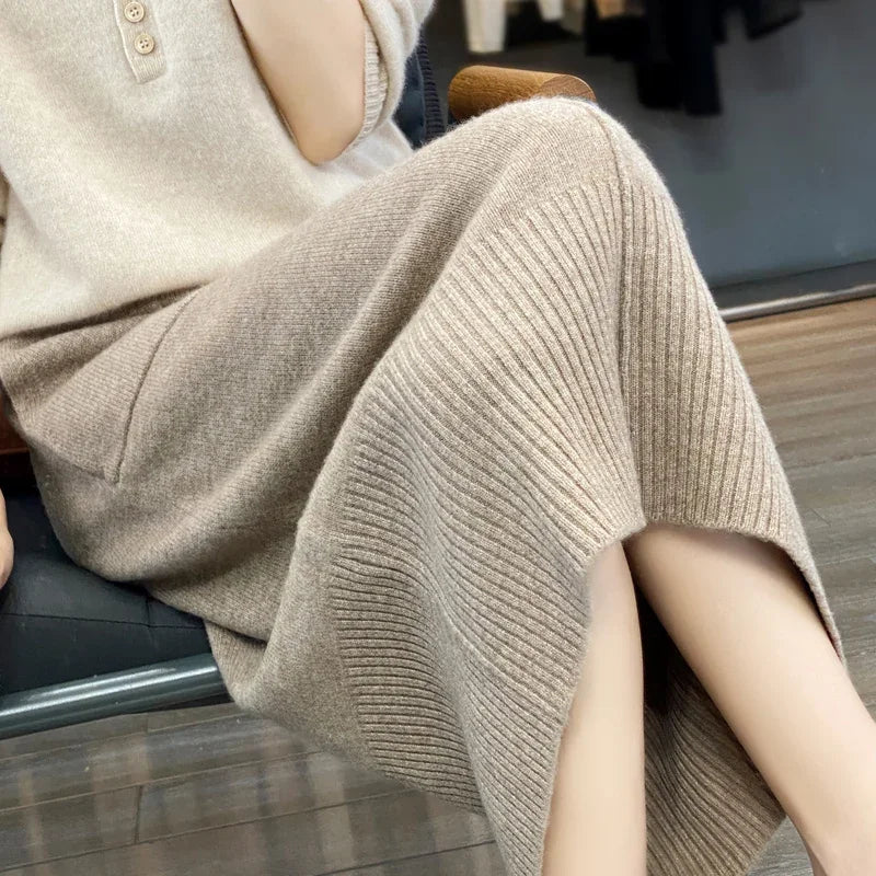 Women Ribbed Knit Midi Skirt High Waist Pocket Detail Straight Skirt