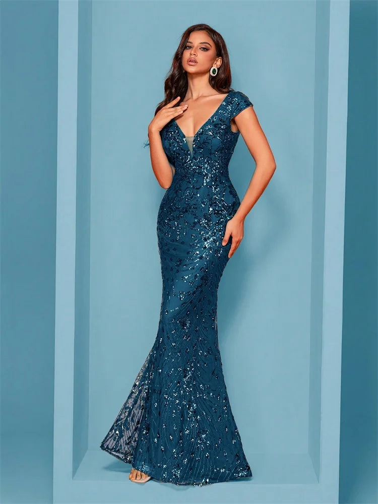Women’s Navy Blue Sequin Mermaid Evening Gown | V-Neck Formal Maxi Dress for Prom, Galas, Weddings & Black Tie Events