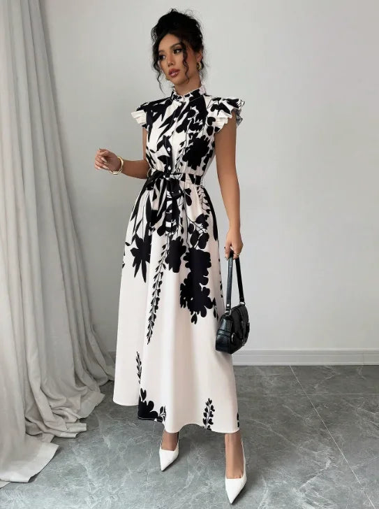 Printed Midi Dress Women | Ruffle Sleeve Belted A Line Elegant Dress