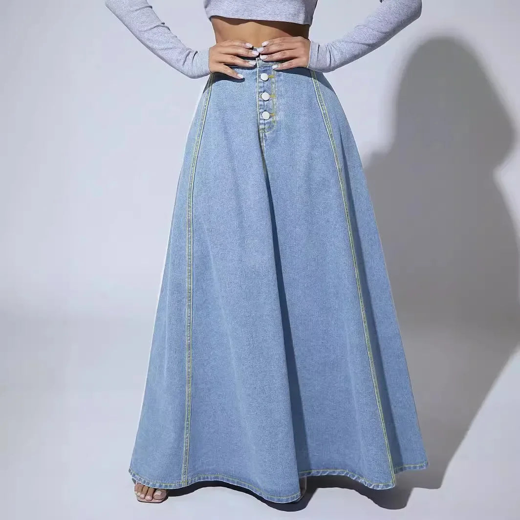 Women High Waist Denim Maxi Skirt Button Detail A Line Long Skirt