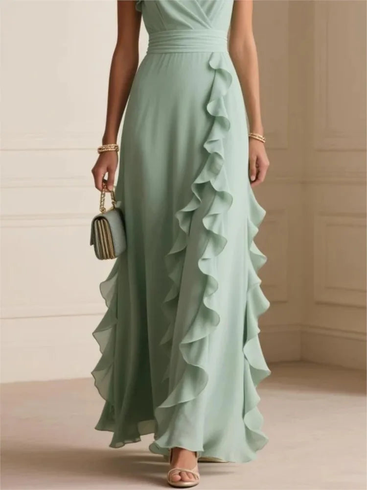 Ruffle Maxi Dress Women | V Neck Flutter Sleeve A Line Evening Dress