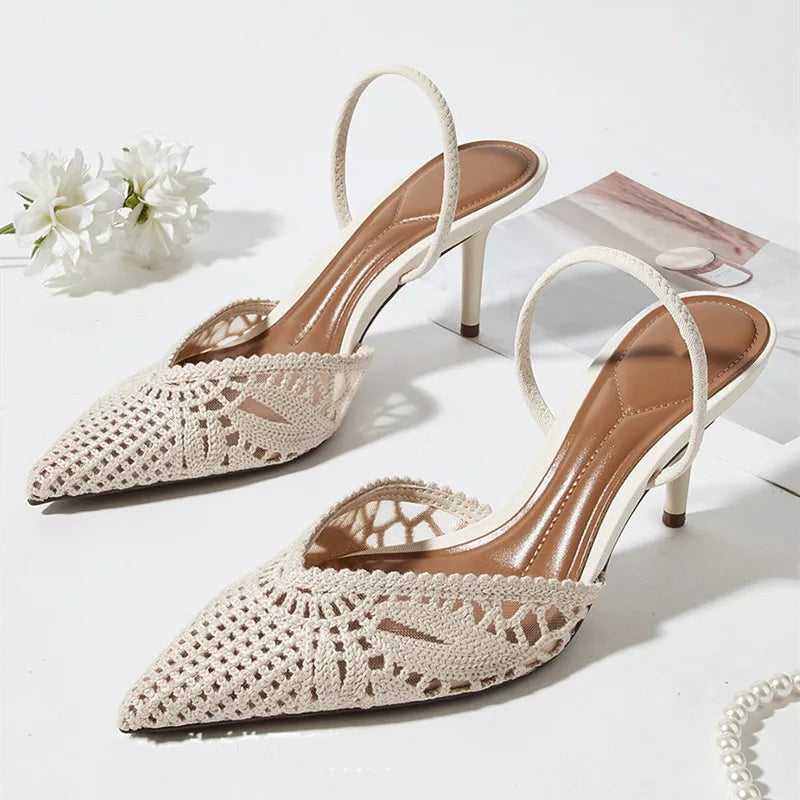 Women’s Crochet Slingback Heels – Elegant Pointed Toe Pumps for Party, Wedding & Summer Occasion Wear