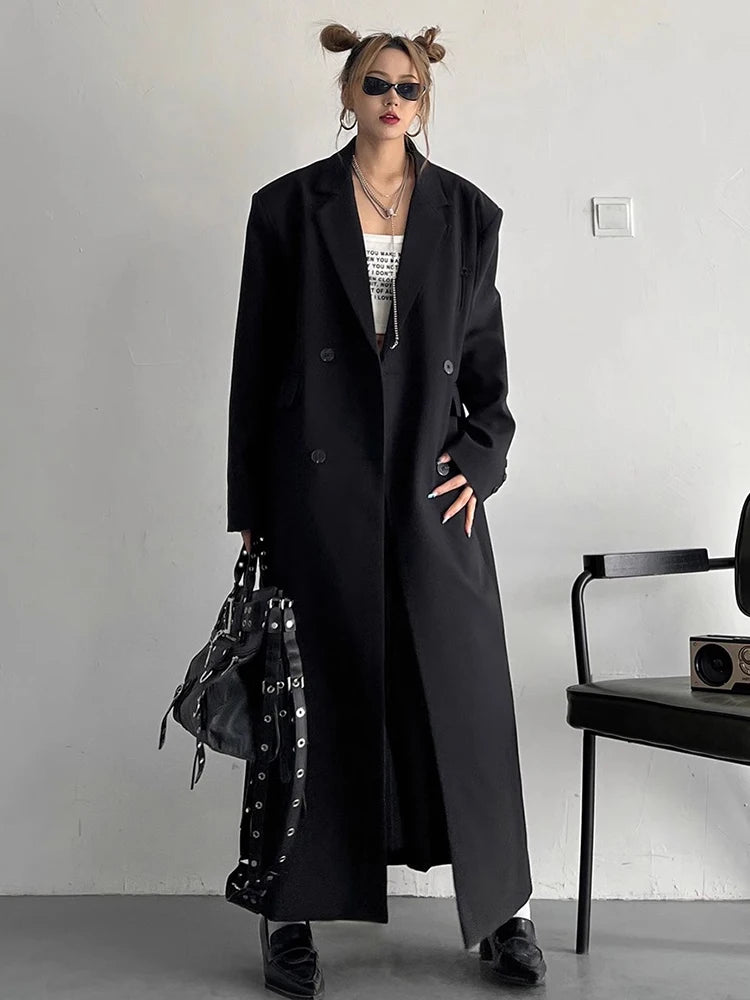 Women’s Oversized Double Breasted Long Coat | Minimalist Charcoal Maxi Blazer Jacket