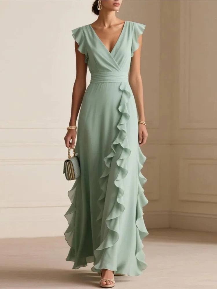 Ruffle Maxi Dress Women | V Neck Flutter Sleeve A Line Evening Dress