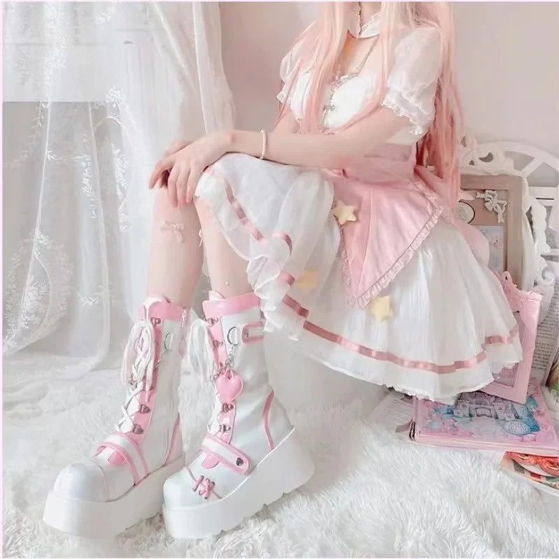 Women’s Kawaii Platform Boots – Chunky Lace-Up Ankle Boots for Harajuku, Cosplay & Y2K Fashion