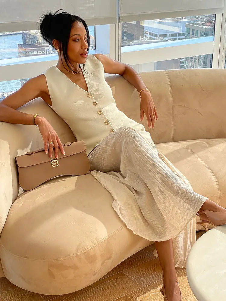 Women's Tailored Waistcoat & Pleated Maxi Skirt Co-Ord Set | Elegant Two Piece Occasion Outfit
