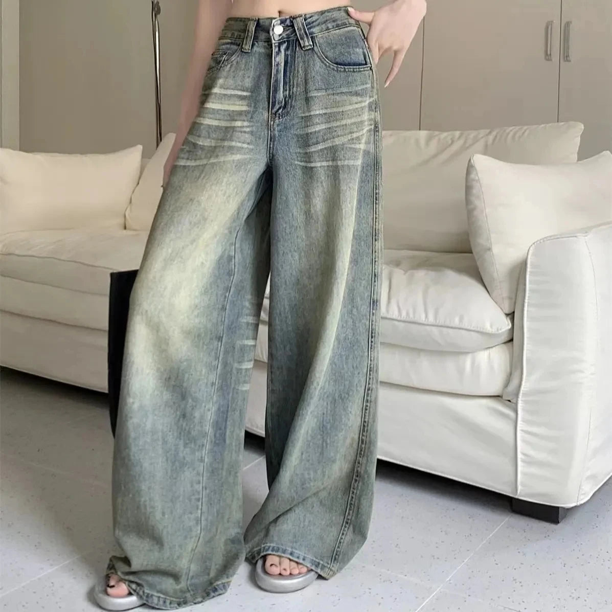 Women Vintage Wide Leg Jeans High Waist Baggy Denim Pants Streetwear Trousers