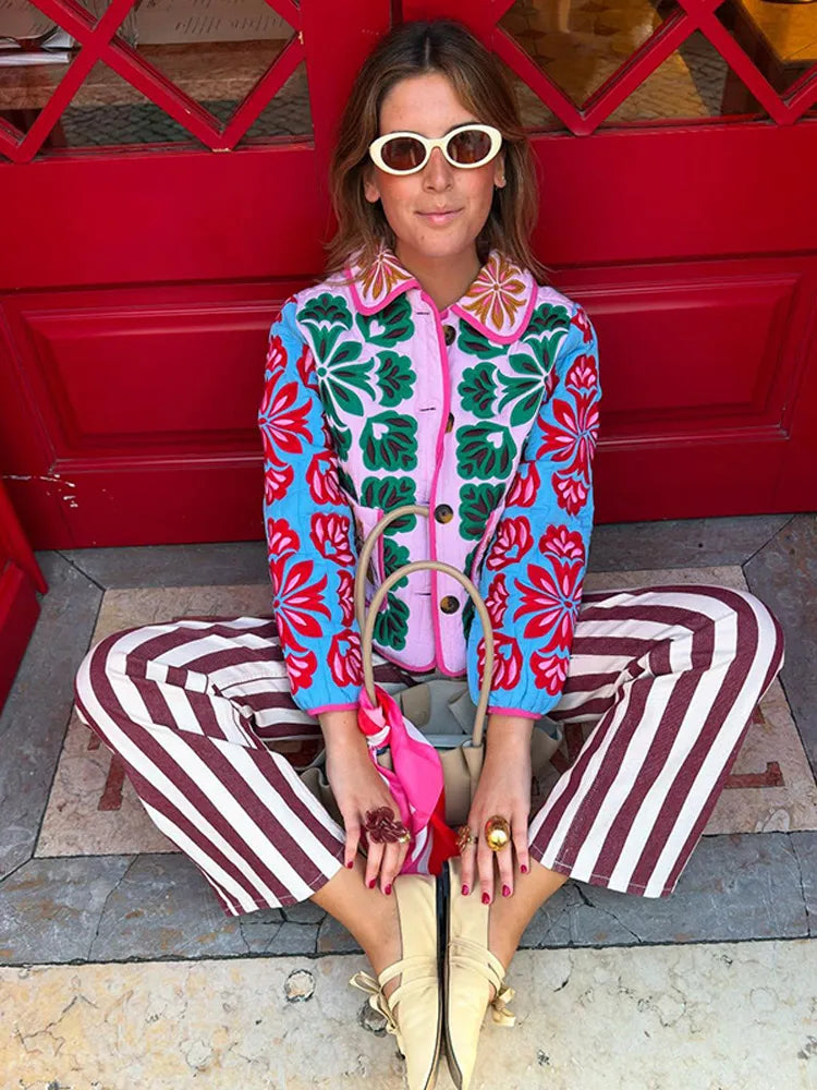 Women’s Boho Floral Quilted Jacket | Colorful Vintage Patchwork Lightweight Coat