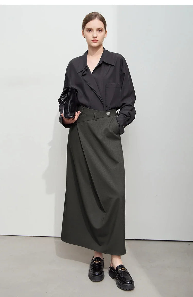 Women High Waist Wrap Maxi Skirt Minimalist Elegant Straight Long Skirt