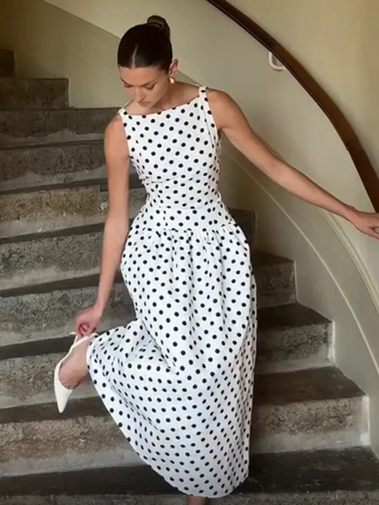 Women’s White Polka Dot Sleeveless Maxi Dress | Vintage Fit & Flare A-Line Midi Dress for Weddings, Garden Parties & Summer Events