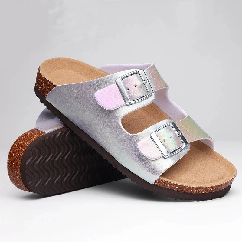 Women’s Double Buckle Slide Sandals – Comfortable Cork Footbed Slippers for Casual & Everyday Wear