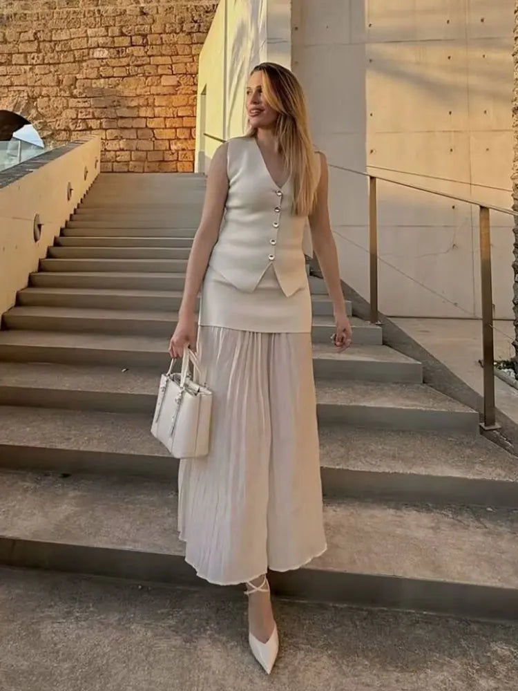 Women's Tailored Waistcoat & Pleated Maxi Skirt Co-Ord Set | Elegant Two Piece Occasion Outfit