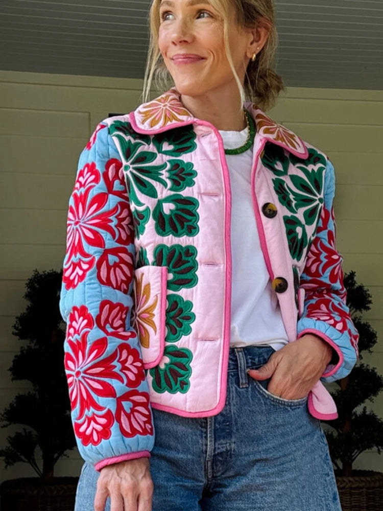 Women’s Boho Floral Quilted Jacket | Colorful Vintage Patchwork Lightweight Coat