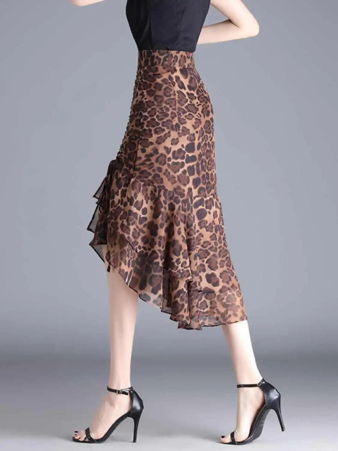 Women Leopard Print Ruffle Midi Skirt High Waist Ruched Mermaid Skirt