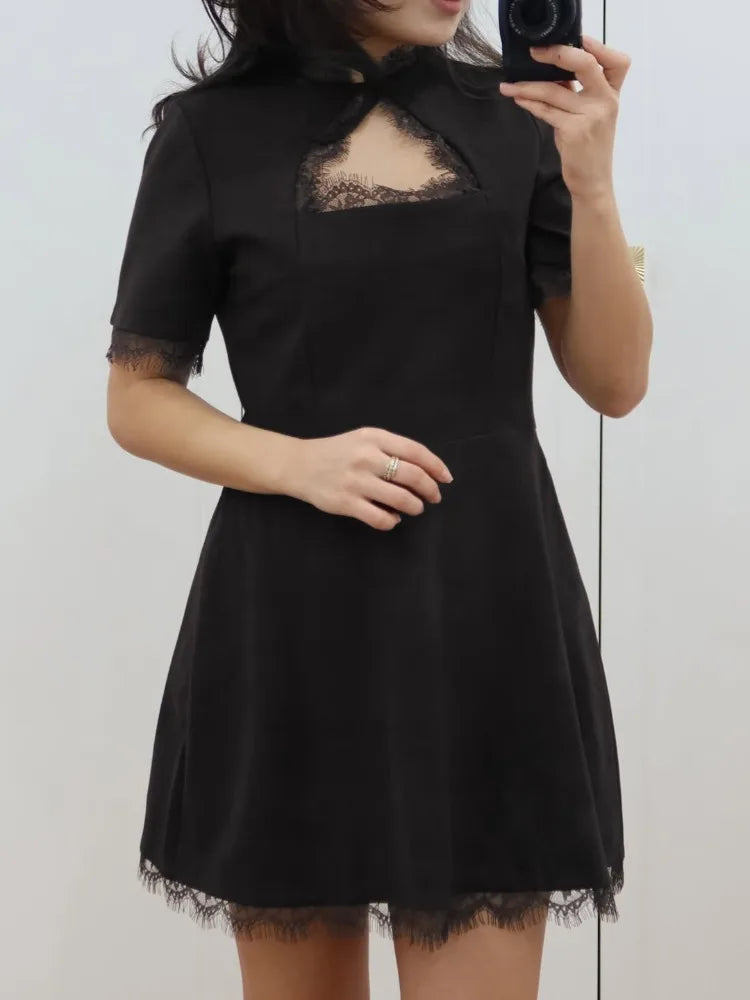 Women’s Black Lace Trim Mini Dress | Elegant Square Neck A-Line Dress with Short Sleeves for Date Night, Parties & Special Occasions