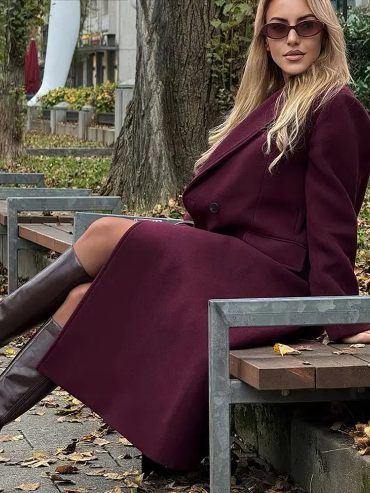 Burgundy Long Wool Coat | Double Breasted Winter Coat