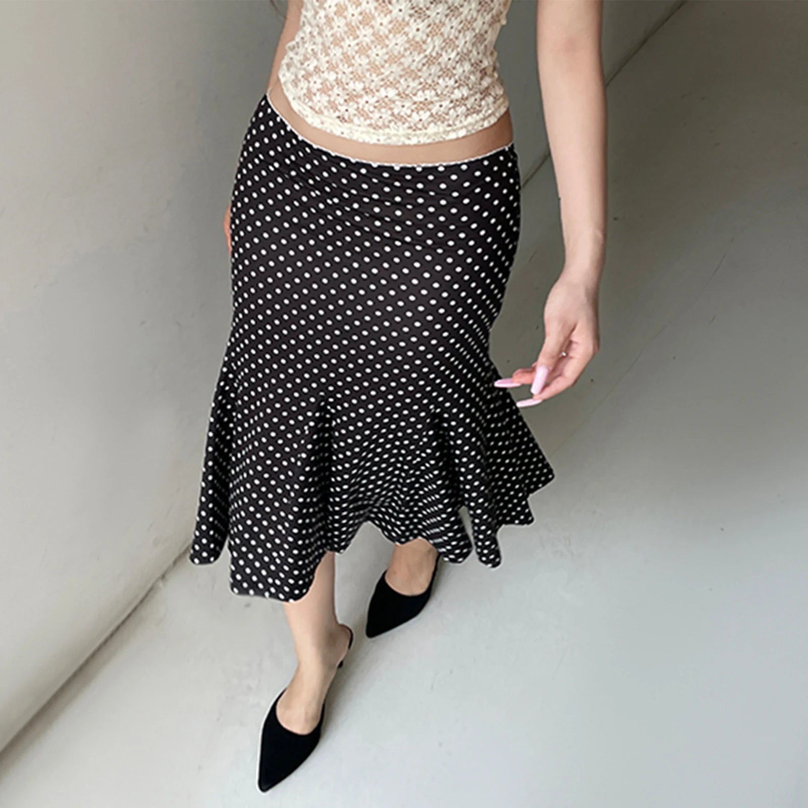 Women Polka Dot Mermaid Midi Skirt High Waist Vintage Flared Skirt