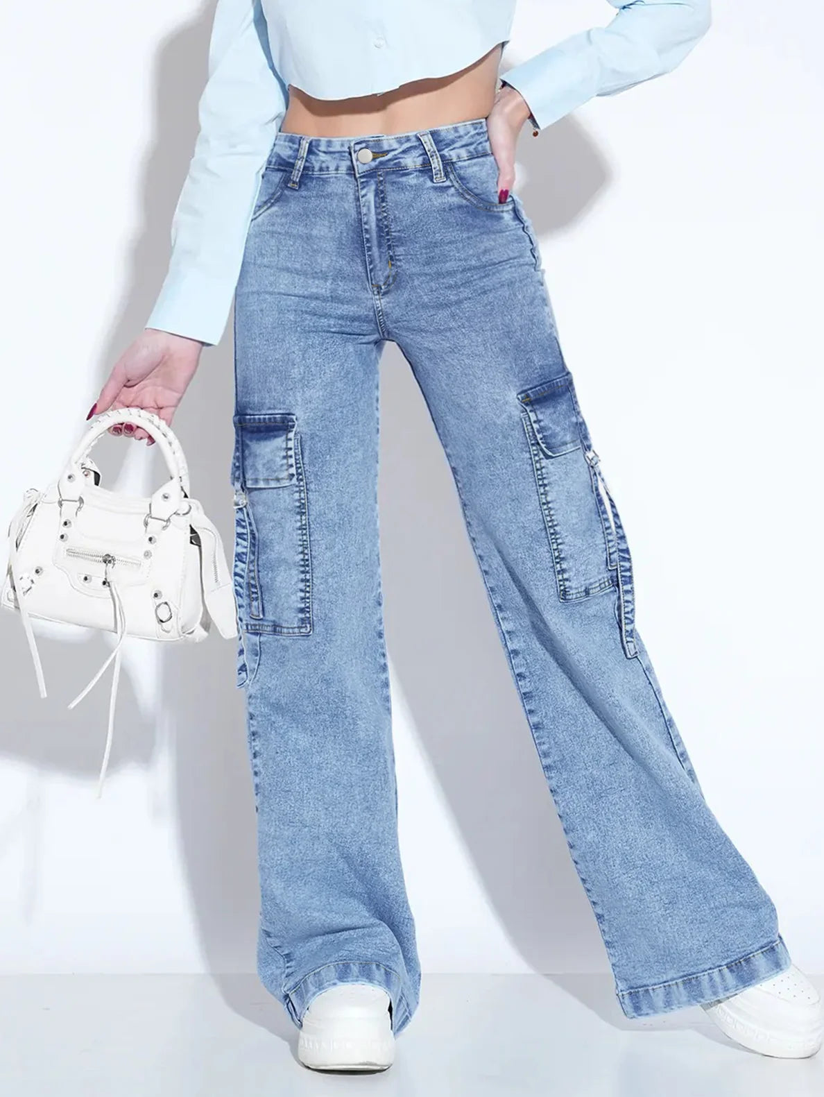 Women High Waist Cargo Wide Leg Jeans Streetwear Baggy Denim Pants
