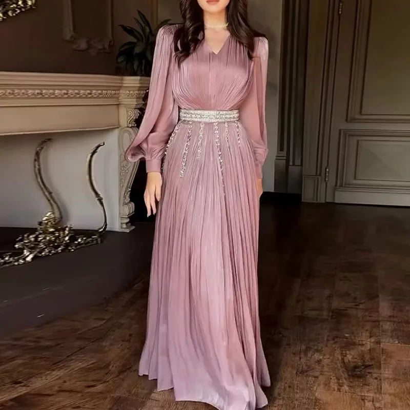 Pleated Maxi Dress Women | Long Sleeve V Neck Elegant Evening Dress