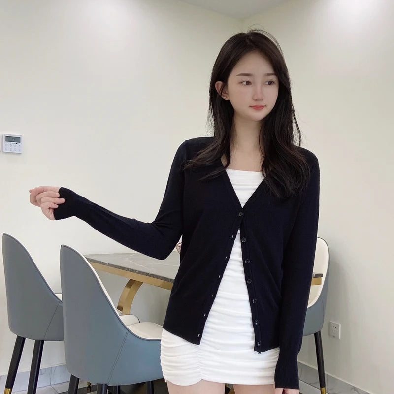 Women’s Black Lightweight Knit Cardigan | Slim Fit Button-Up V Neck Layering Sweater for Everyday Wear