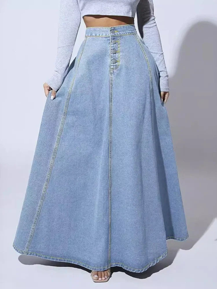 Women High Waist Denim Maxi Skirt Button Detail A Line Long Skirt