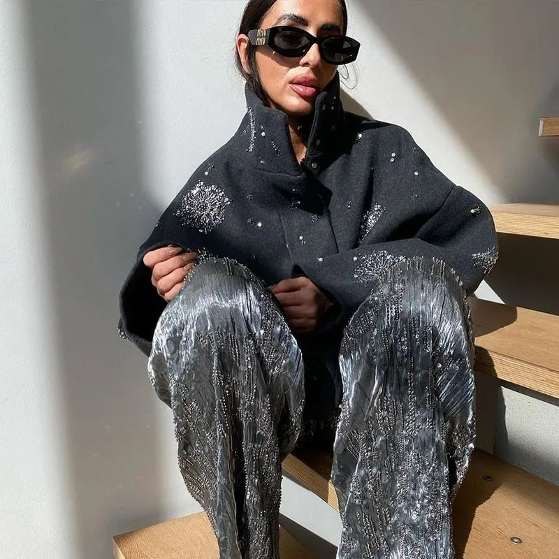 Women’s Embellished Wool Coat | Luxury Oversized High Neck Jacket