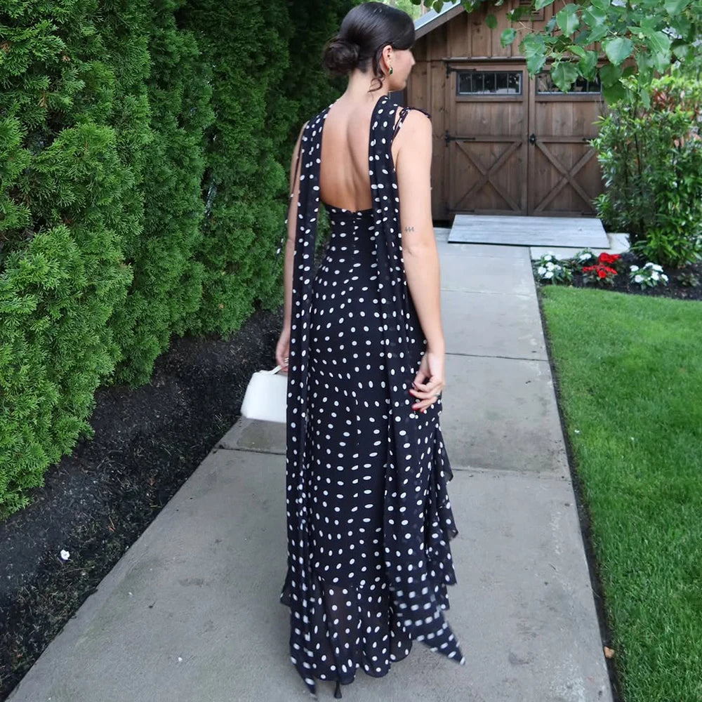 Women’s Black Polka Dot Maxi Dress | Elegant Cowl Neck Slip Dress with Matching Scarf for Vacation & Evening Wear