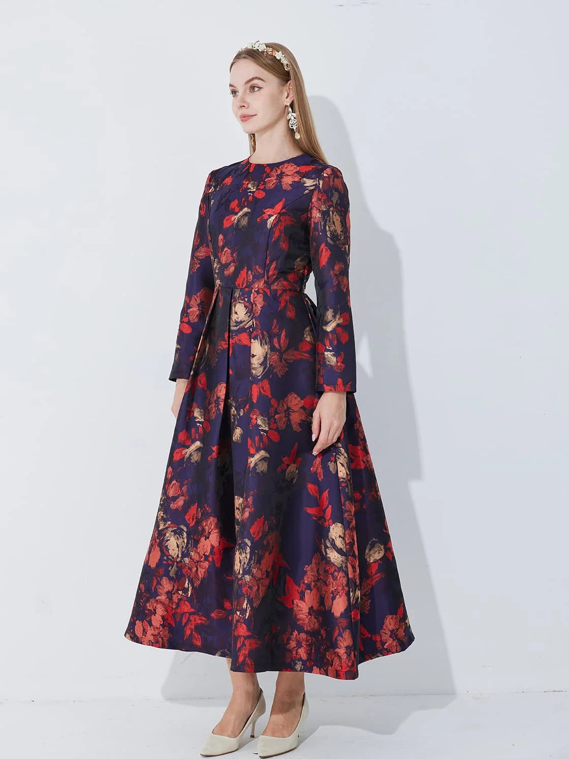 Floral A Line Midi Dress Women | Long Sleeve Elegant Party Occasion Dress