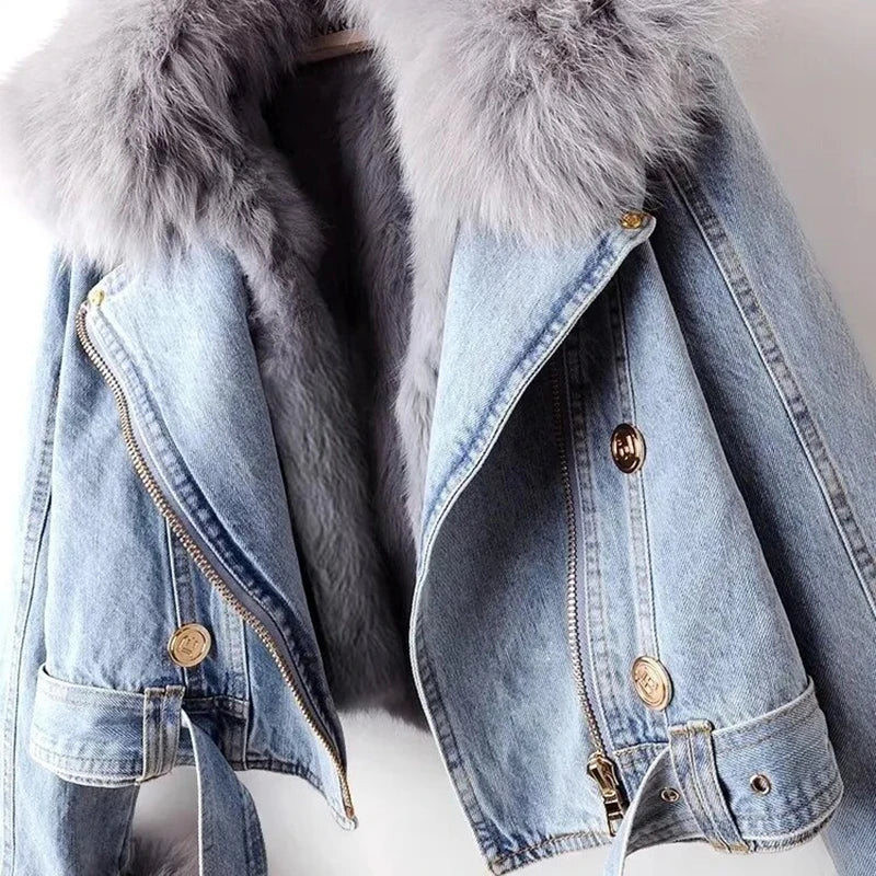 Women’s Faux Fur Denim Jacket | Luxury Cropped Winter Moto Coat