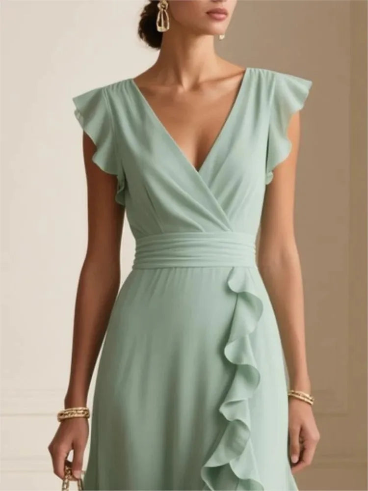 Ruffle Maxi Dress Women | V Neck Flutter Sleeve A Line Evening Dress