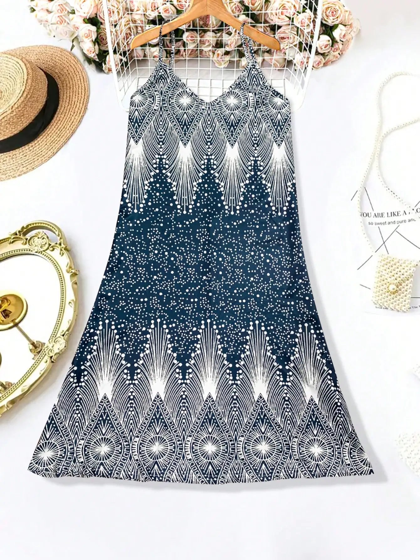 Women’s Blue Boho Print Sundress | Spaghetti Strap A-Line Summer Dress for Beach Vacations & Casual Wear
