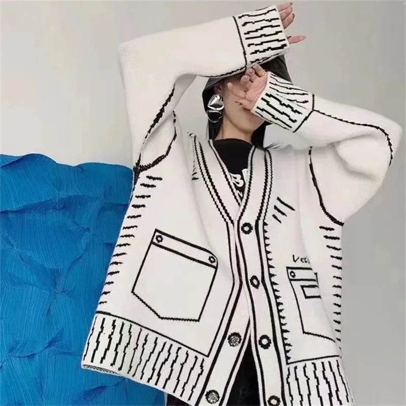 Women’s Oversized Contrast Knit Cardigan | Graphic Black & White Button-Up Sweater Coat
