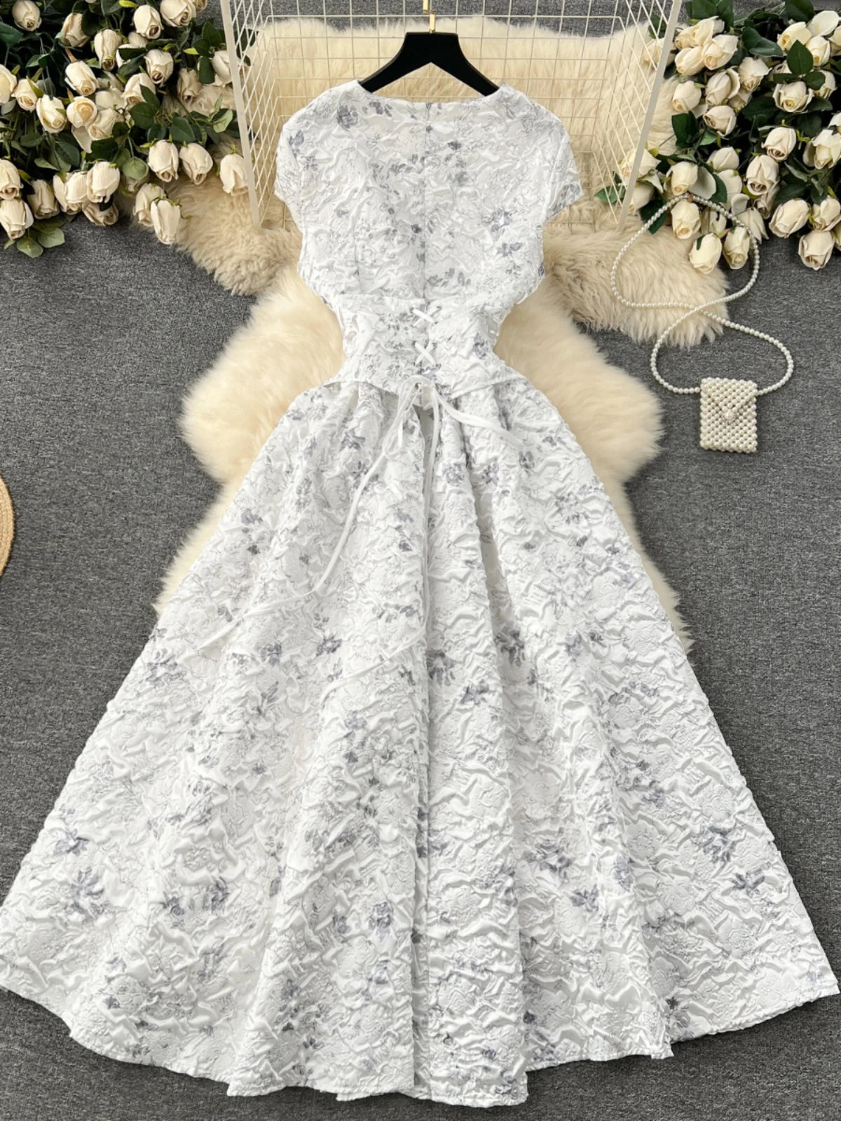 Women’s White Floral Jacquard Midi Dress | Elegant Vintage A-Line Party & Wedding Guest Dress
