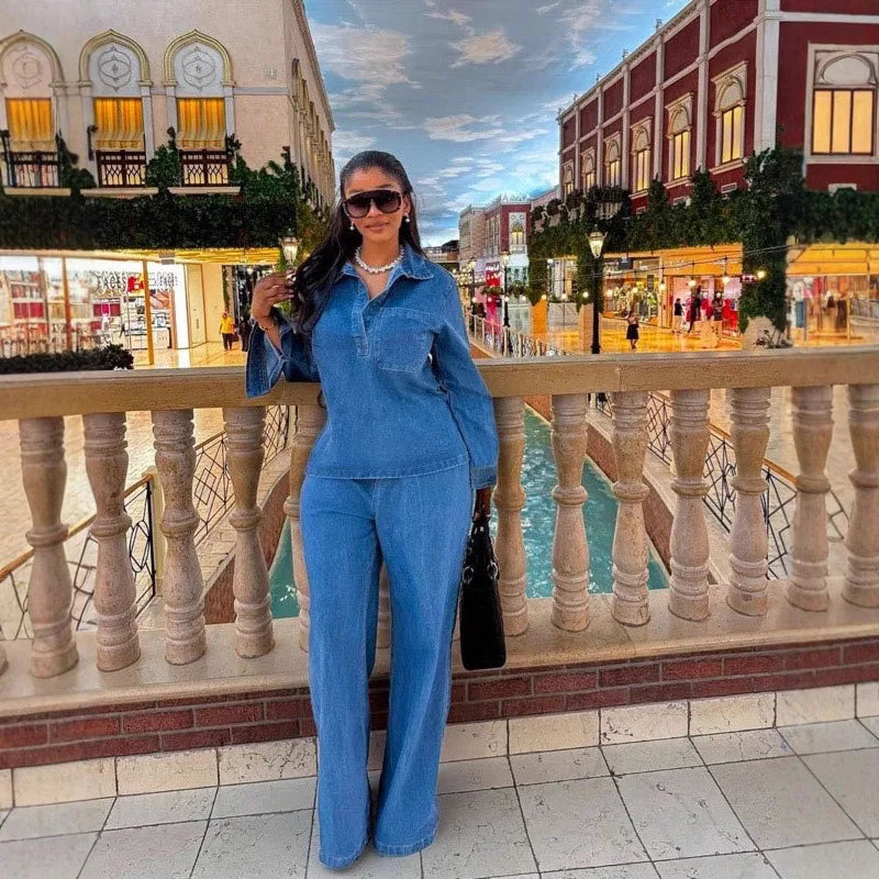 Women's Denim Co-Ord Set | Relaxed Fit Shirt & Wide Leg Trousers Matching Outfit